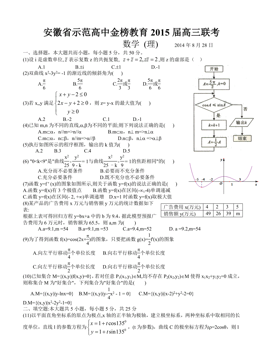 安徽省示范高中金榜教育高三8月联考数学理试题及答案_第1页