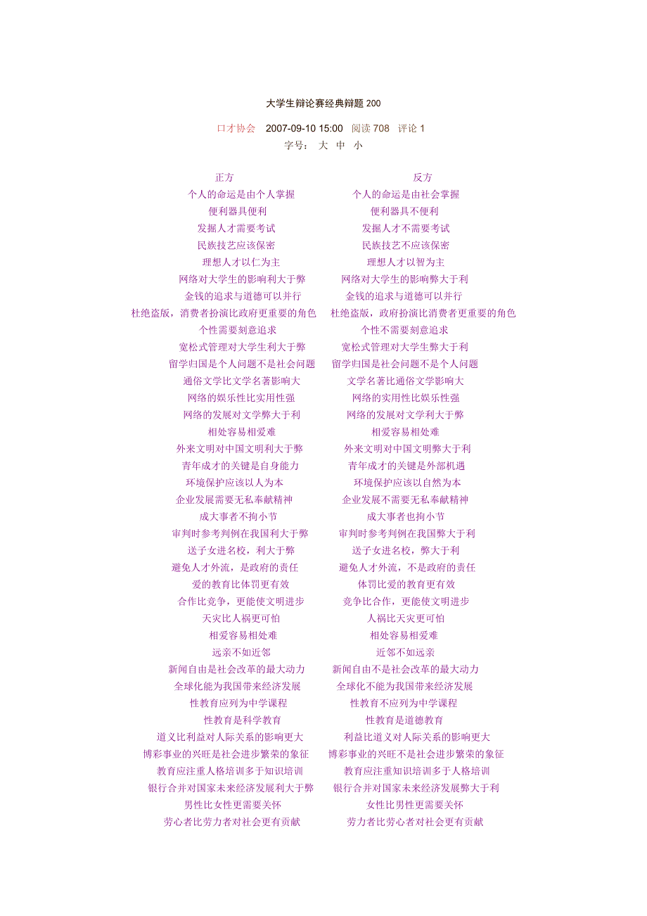 大学生辩论赛经典辩题200.doc_第1页