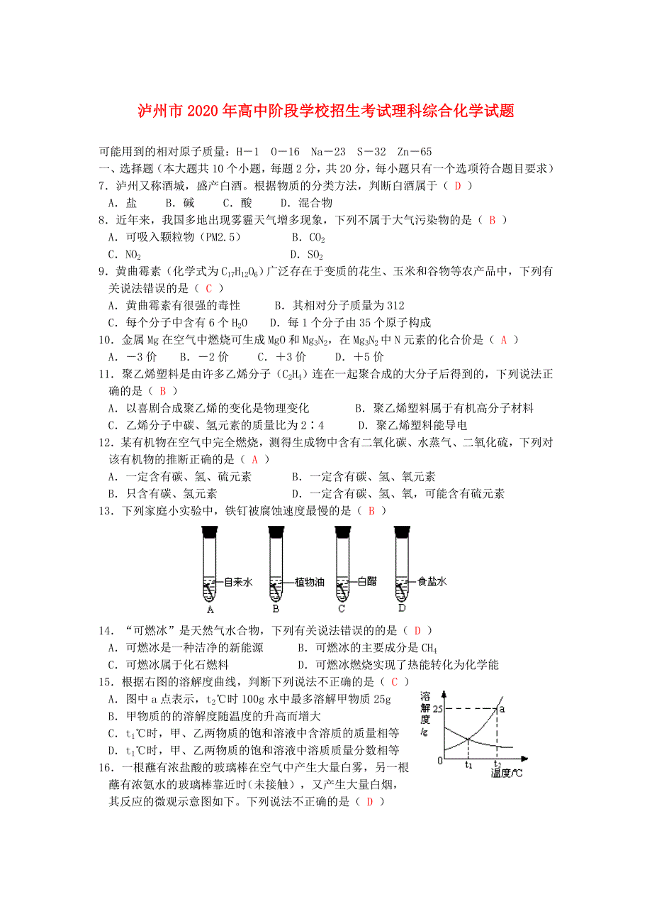 四川省泸州市2020年中考理综真题试题（化学部分）_第1页