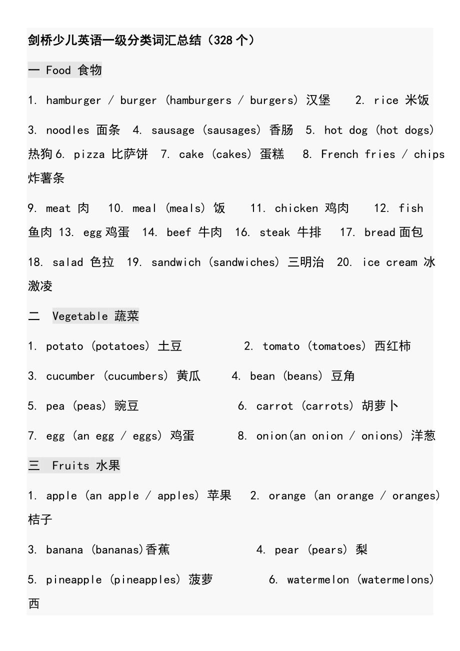 剑桥少儿英语一级分类词汇总结（328个）_第1页