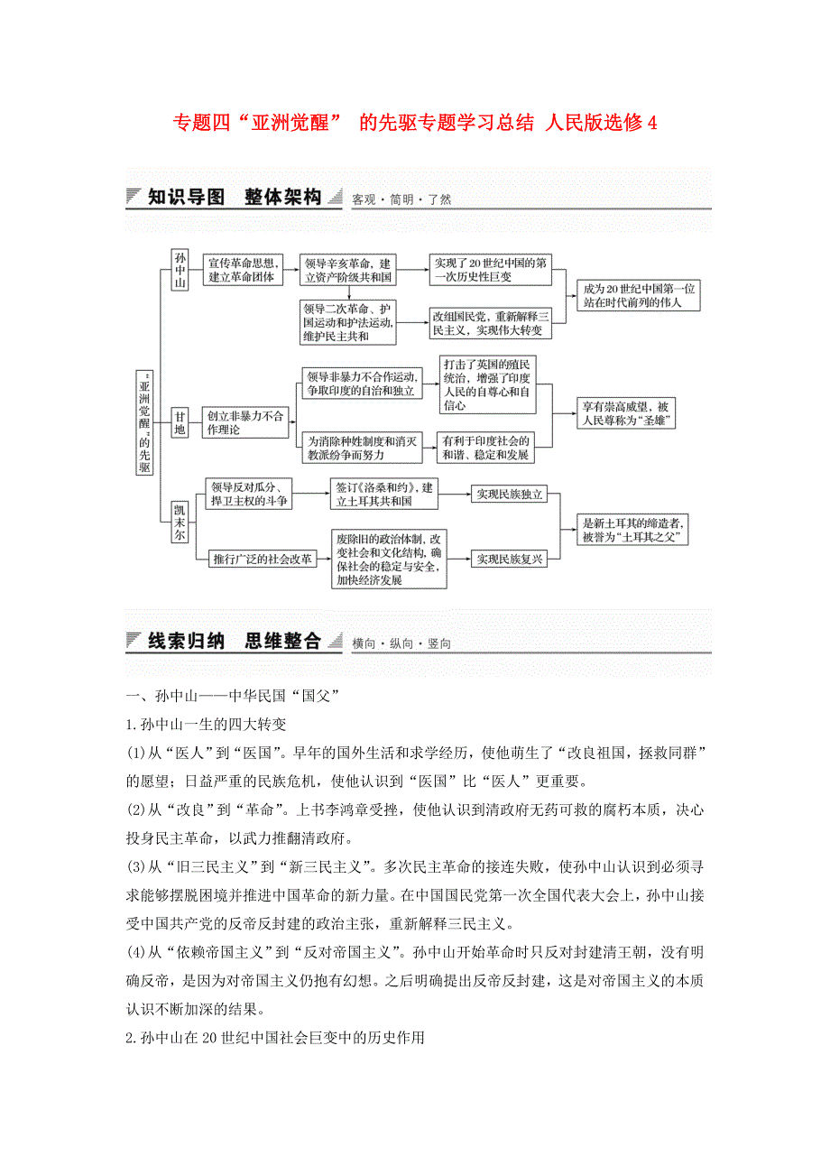 高中历史 专题四“亚洲觉醒” 的先驱专题学习总结 人民版选修4_第1页