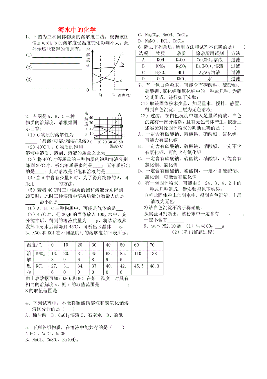 九年级化学下册第八单元海水中的化学复习教学案无答案新版鲁教版_第1页