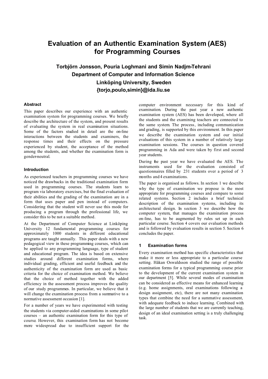 外文资料--Evaluation of an Authentic Examination System (AES)_第1页