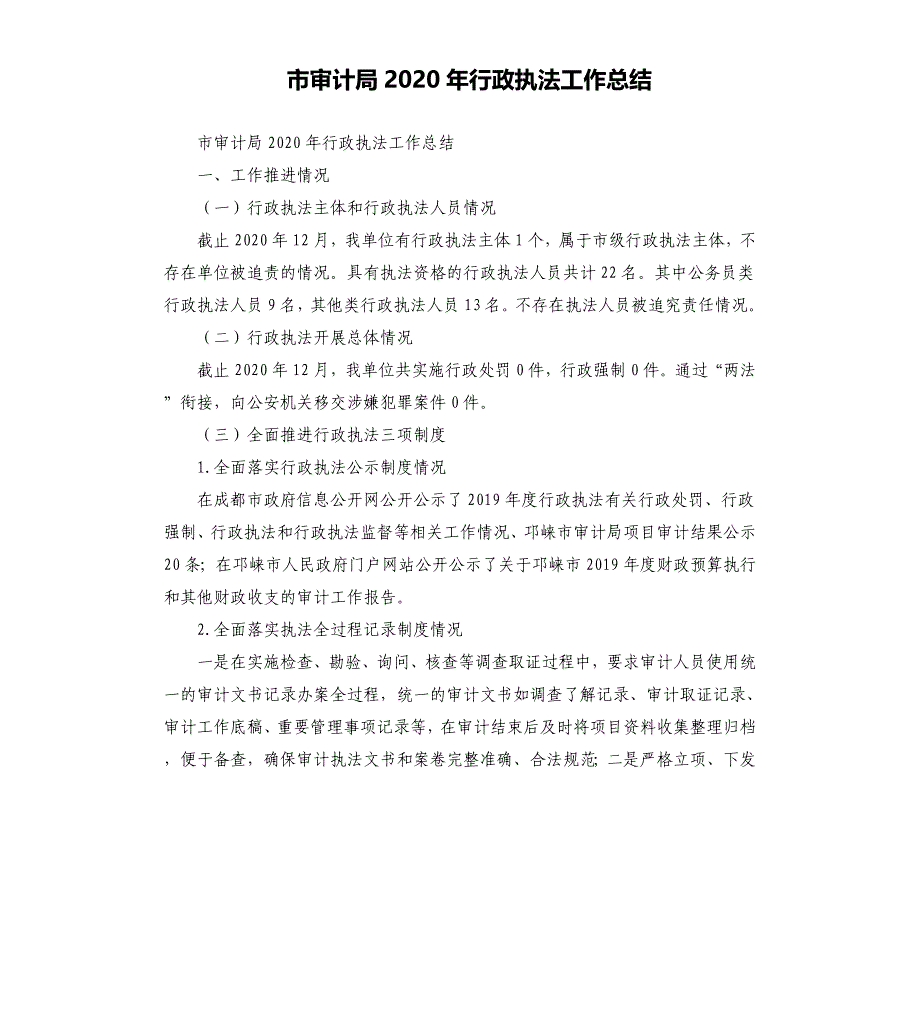 市审计局2020年行政执法工作总结_第1页