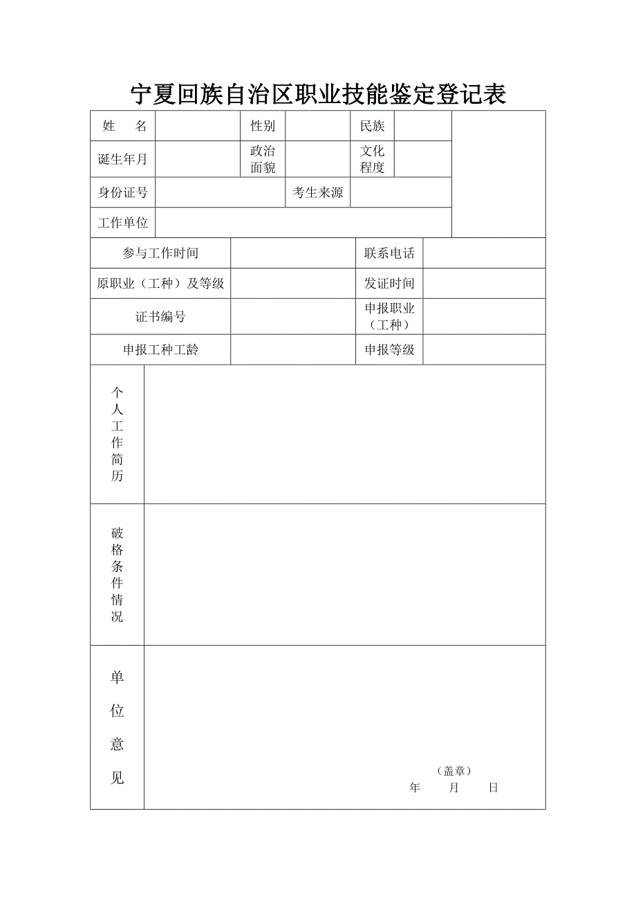 职业技能鉴定登记表(模板)_第1页