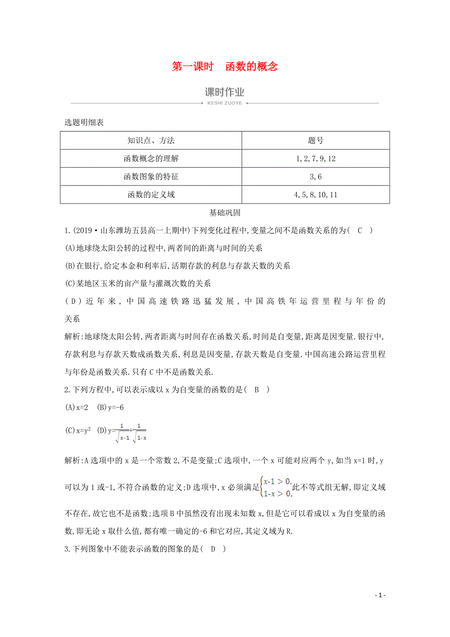 2019-2020学年高中数学 第一章 集合与函数概念 1.2.1 函数的概念 第一课时 函数的概念课时作业 新人教A版必修1_第1页