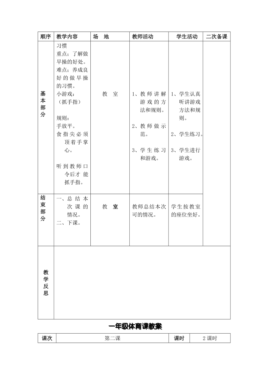 小学一年级体育下册表格式教案.doc_第2页