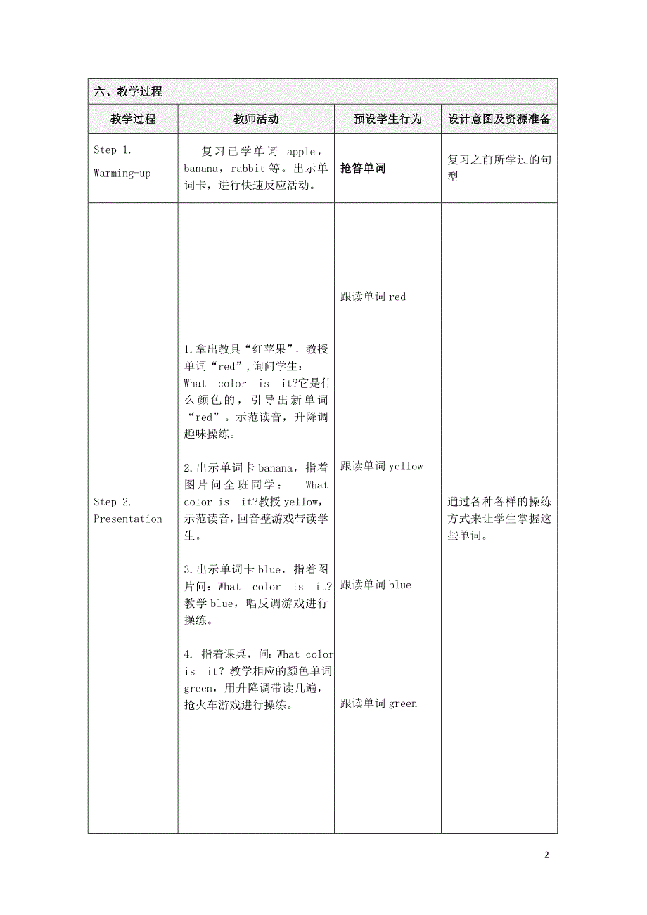 瓯海区四小三年级英语上册Unit6ColorsPartA教学设计闽教版三起_第2页