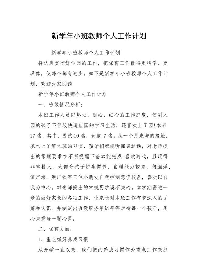 新学年小班教师个人工作计划.docx