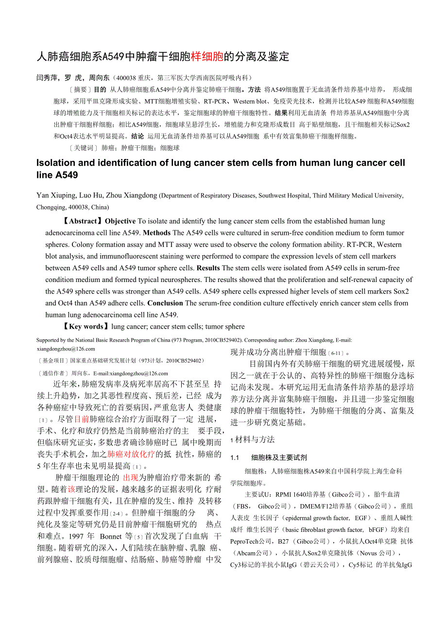 人肺癌细胞系A549中肿瘤干细胞样细胞的分离及鉴定_第1页