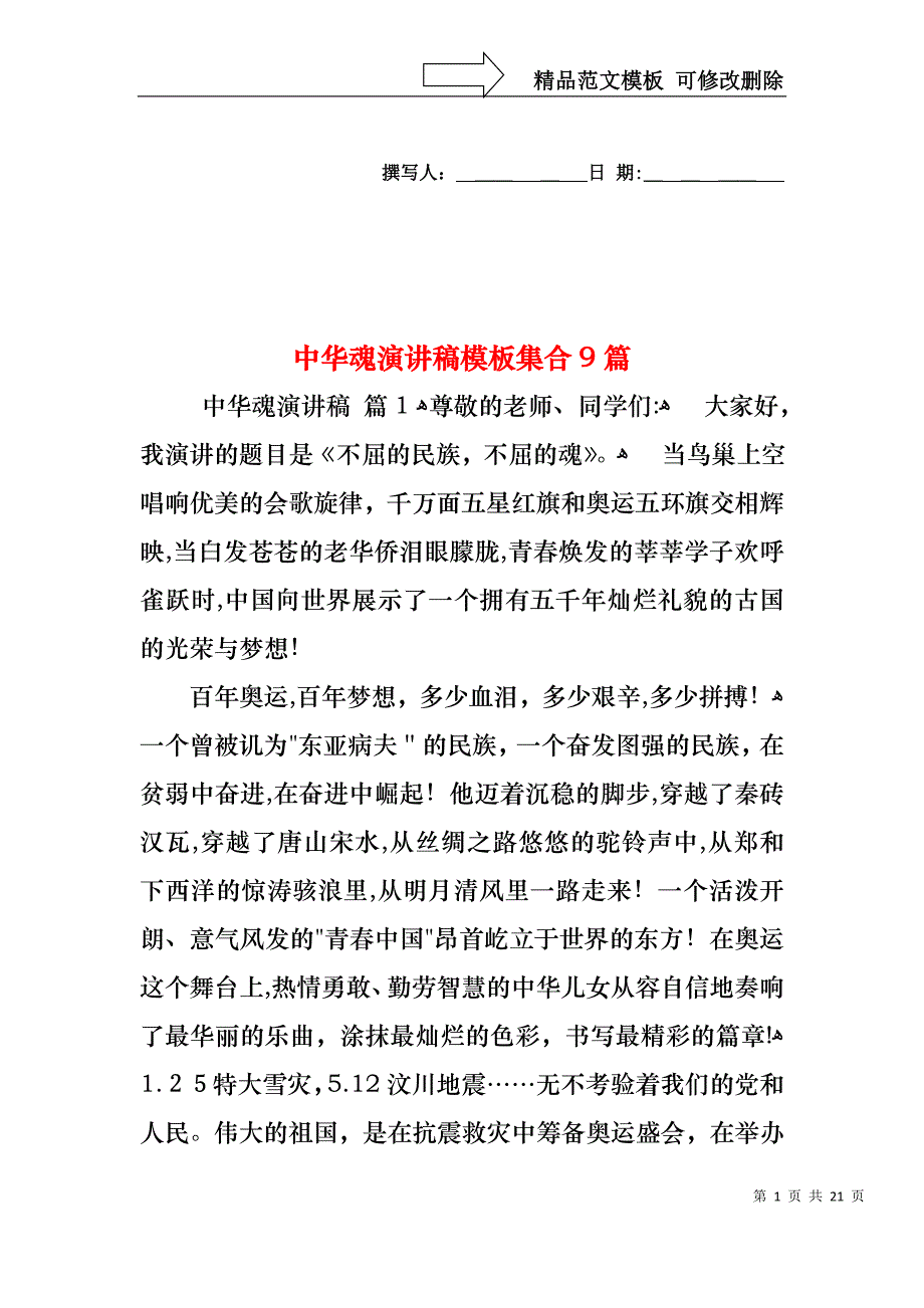 中华魂演讲稿模板集合9篇1_第1页