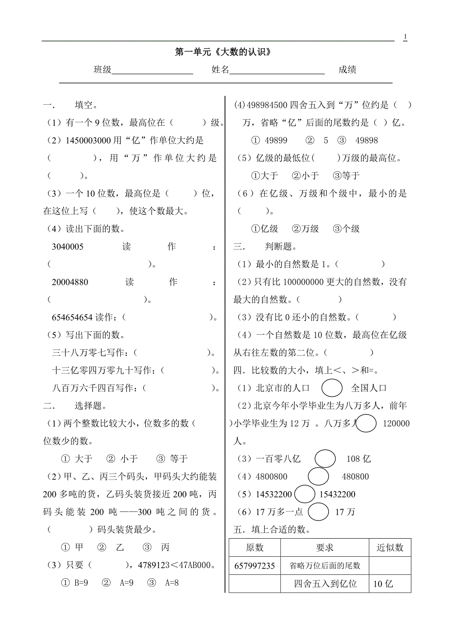 数学四年级上册各单元参考试卷_第1页