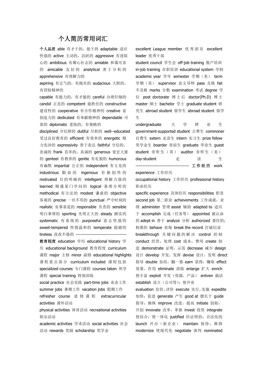 考研英语个人简历常用词汇_第1页