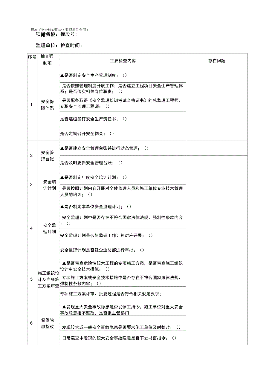 工程施工安全检查用表(监理单位专用与施工单位内业专用)_第1页