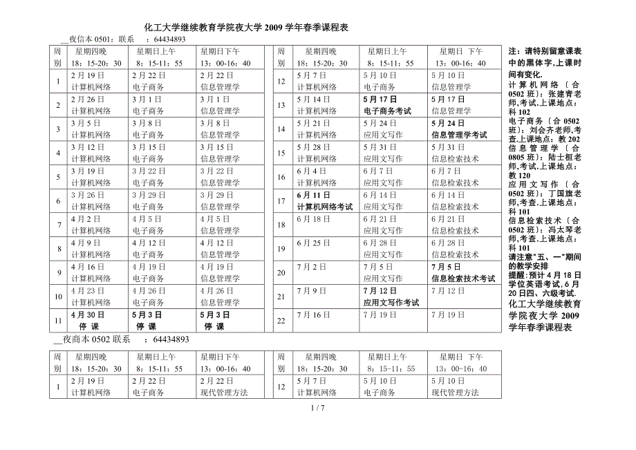 北京化工大学继续教育学院夜大学2009学年春季课程表_第1页