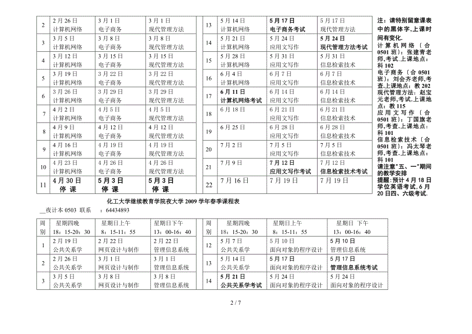 北京化工大学继续教育学院夜大学2009学年春季课程表_第2页