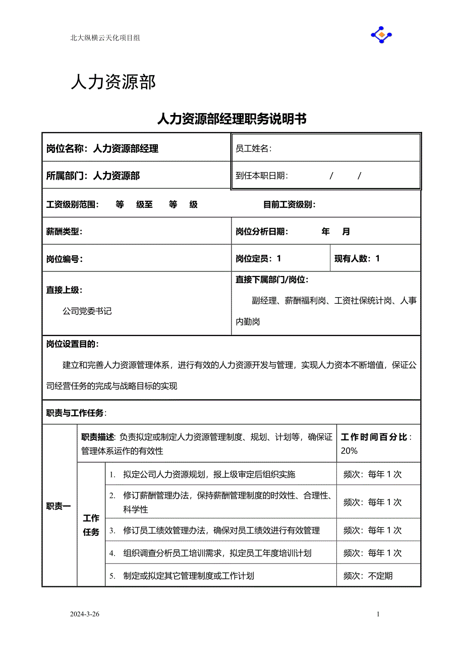 人力资源部职务说明书_第1页