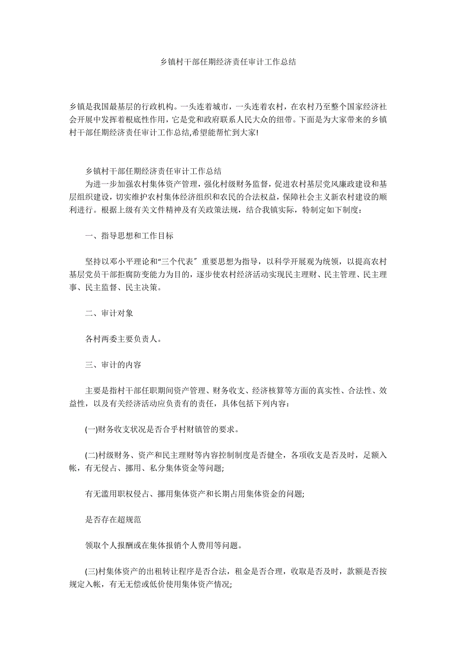 乡镇村干部任期经济责任审计工作总结_第1页