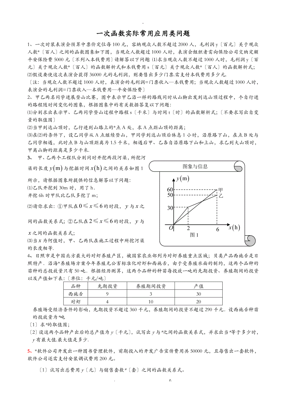 初中八年级一次函数实际常用的应用题--_第1页