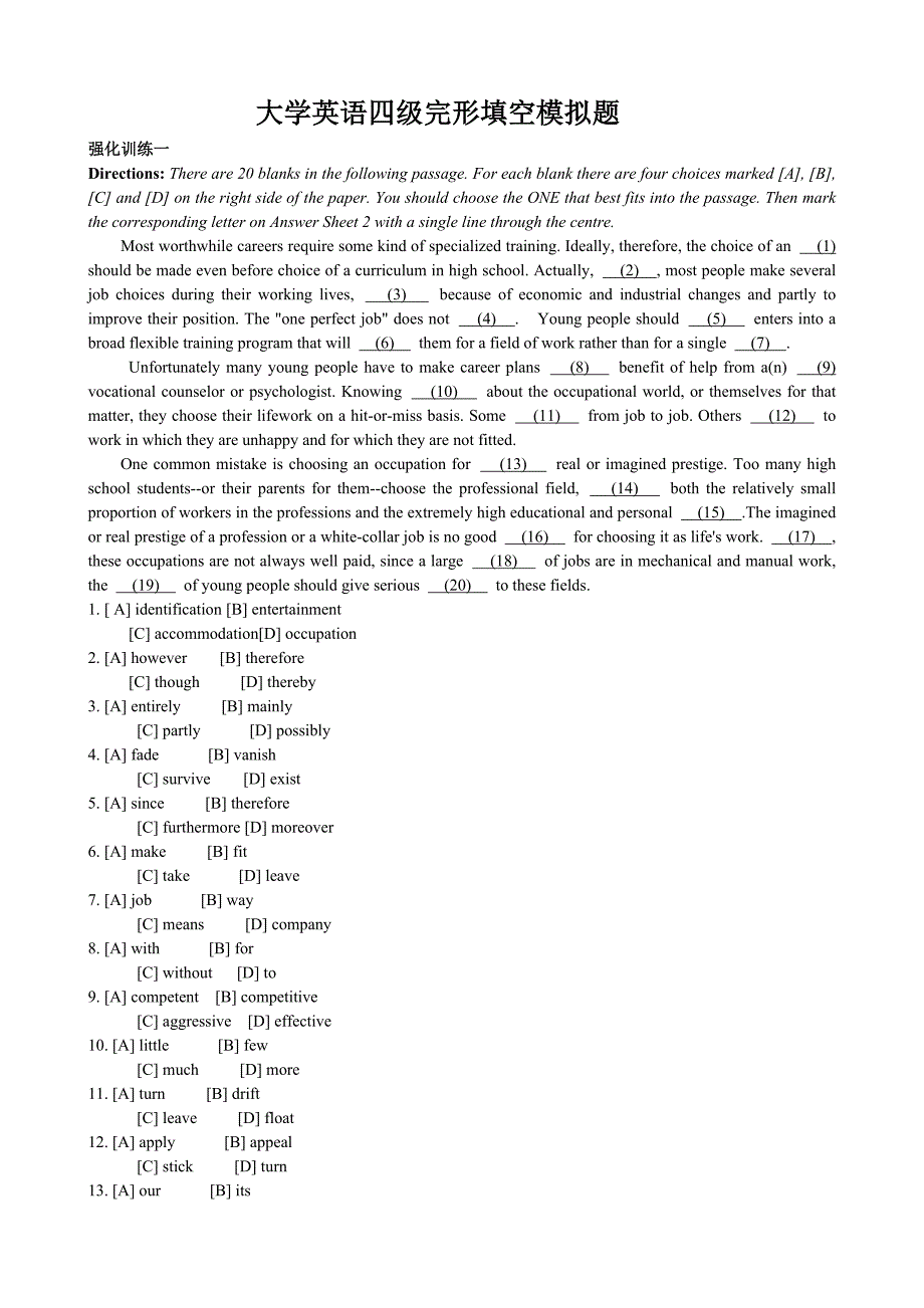 大学英语四级完形填空模拟题1.doc_第1页