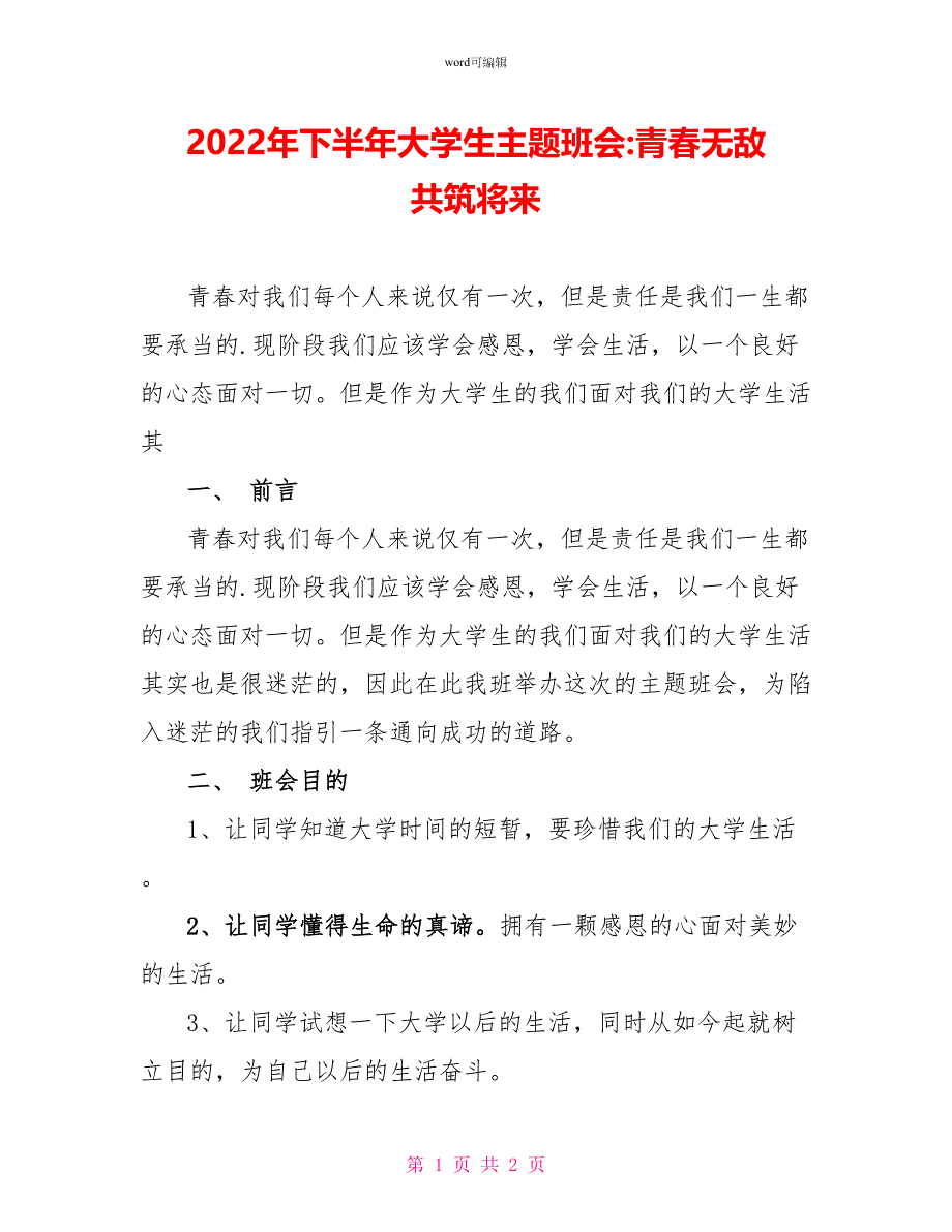 2022年下半年大学生主题班会青春无敌共筑未来_第1页