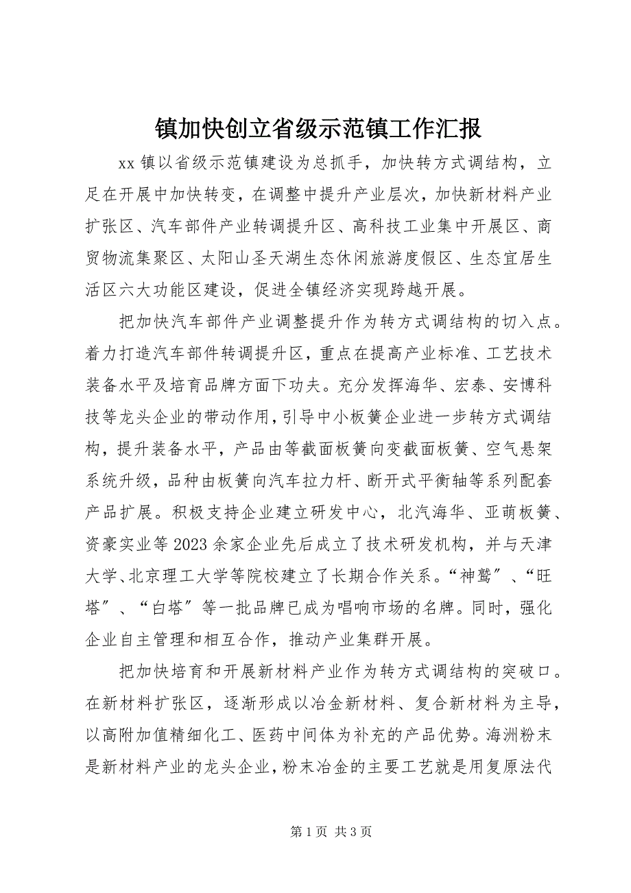 2023年镇加快创建省级示范镇工作汇报.docx_第1页