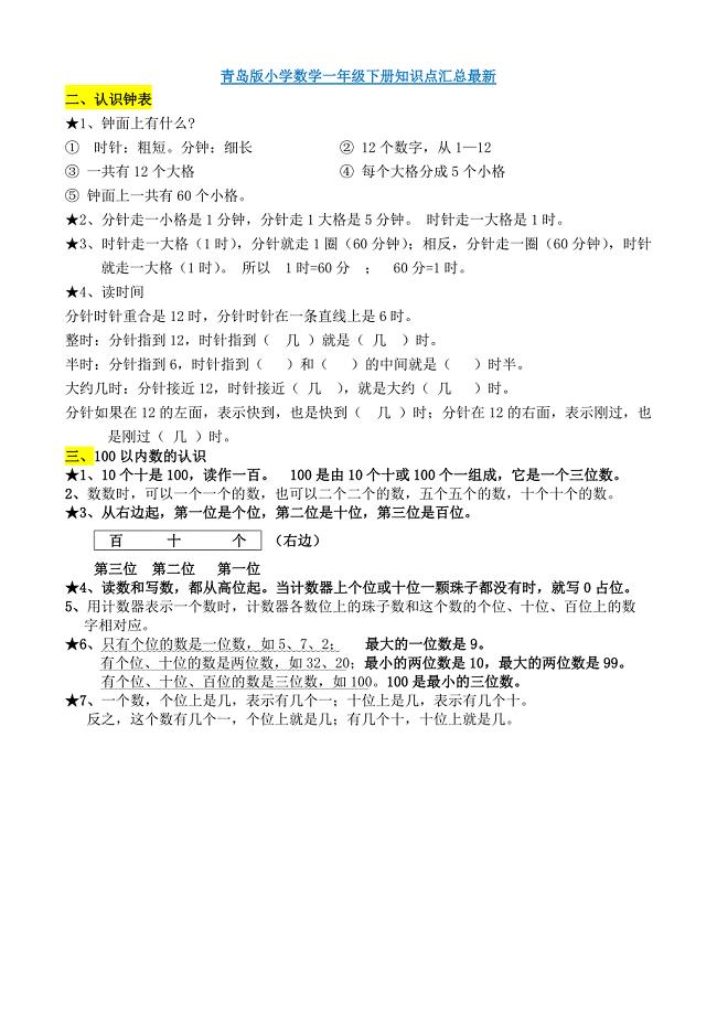青岛版小学数学一年级下册知识点汇总最新版