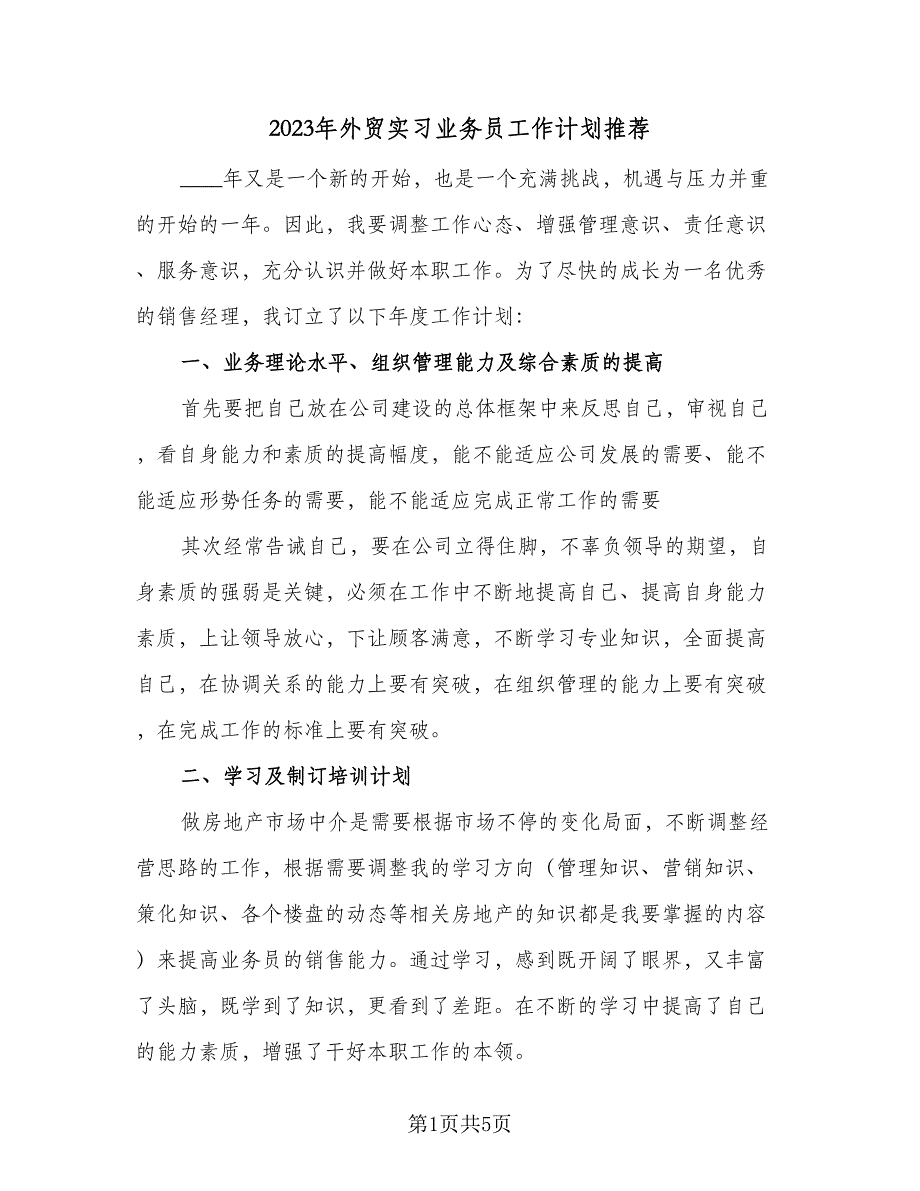 2023年外贸实习业务员工作计划推荐（2篇）.doc_第1页