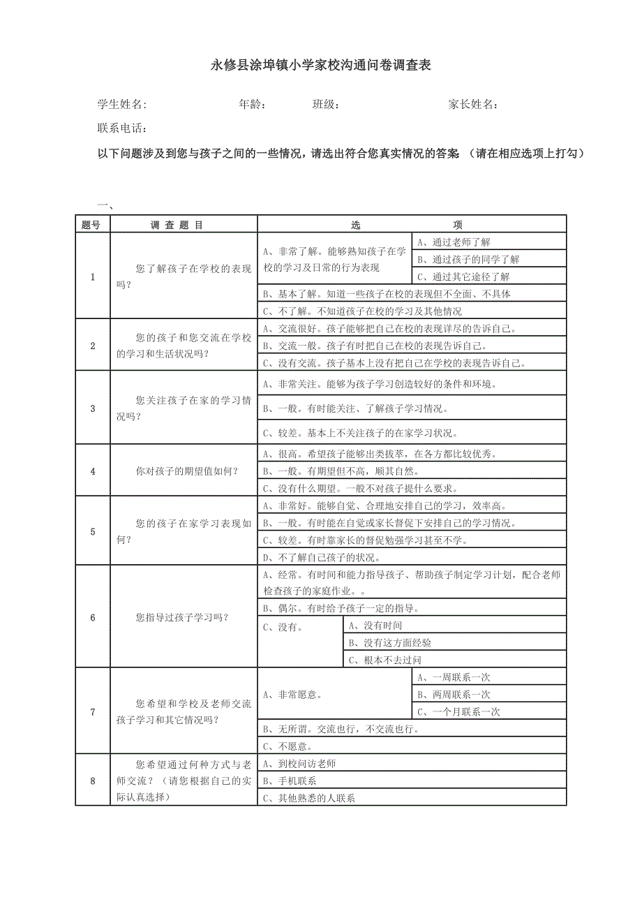 家校沟通问卷调查表 (2)_第1页