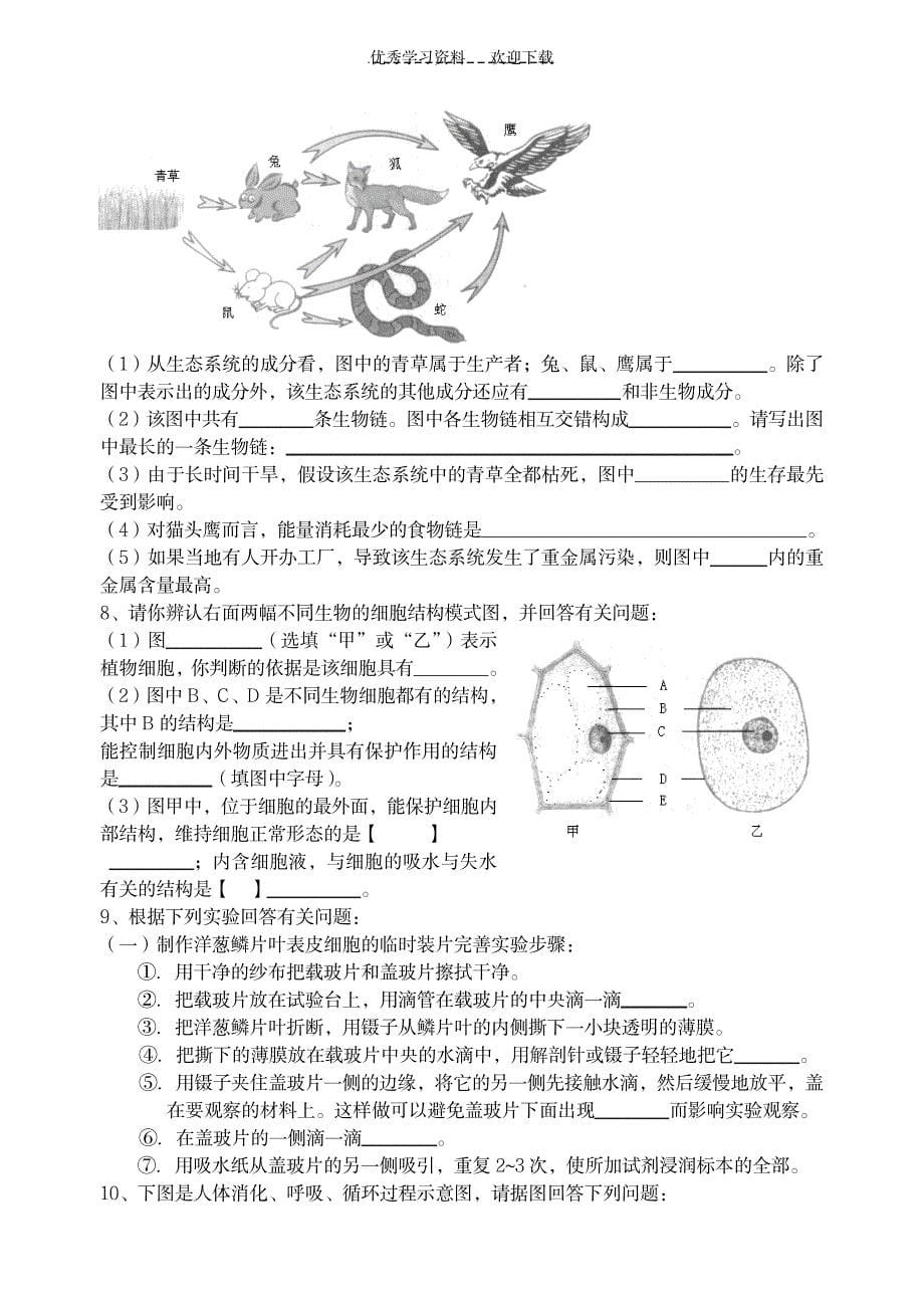 七年级生物上册复习题_小学教育-小学考试_第5页