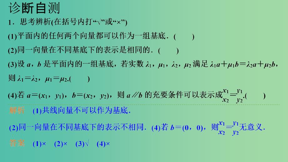 2020版高考数学一轮总复习 第五章 平面向量 第2节 平面向量基本定理及坐标表示课件.ppt_第2页