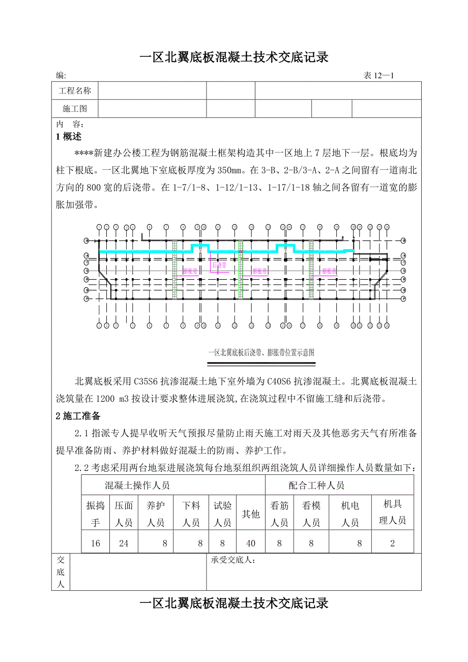 新建办公楼工程底板混凝土施工技术交底记录_第1页