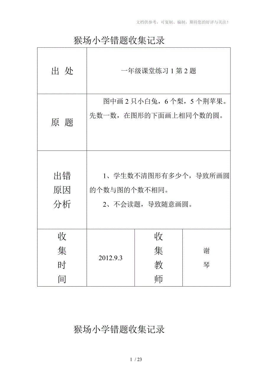 猴场小学一年级数学错题收集记录_第1页