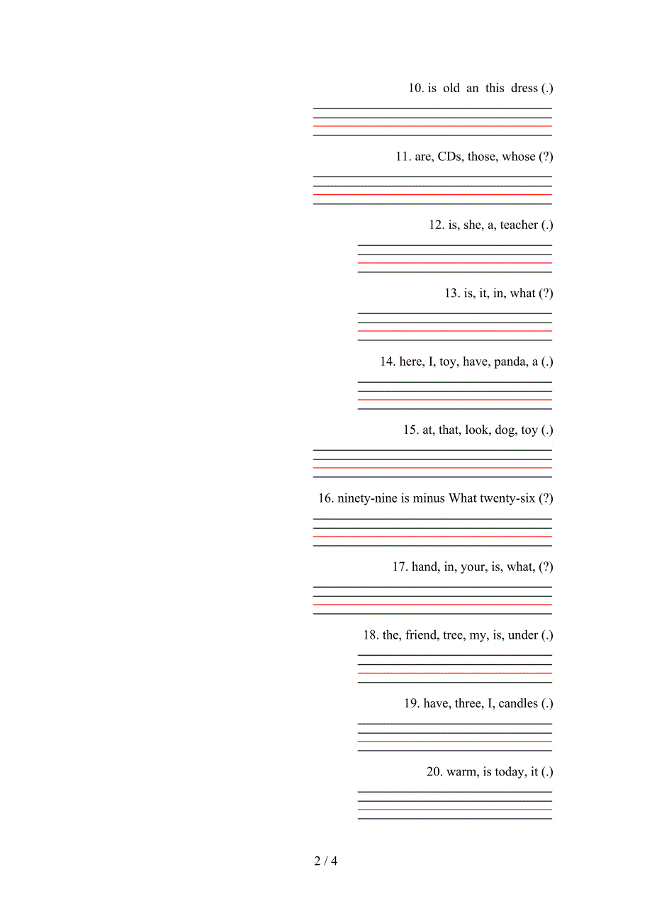 北师大四年级下学期英语连词成句专项积累练习_第2页