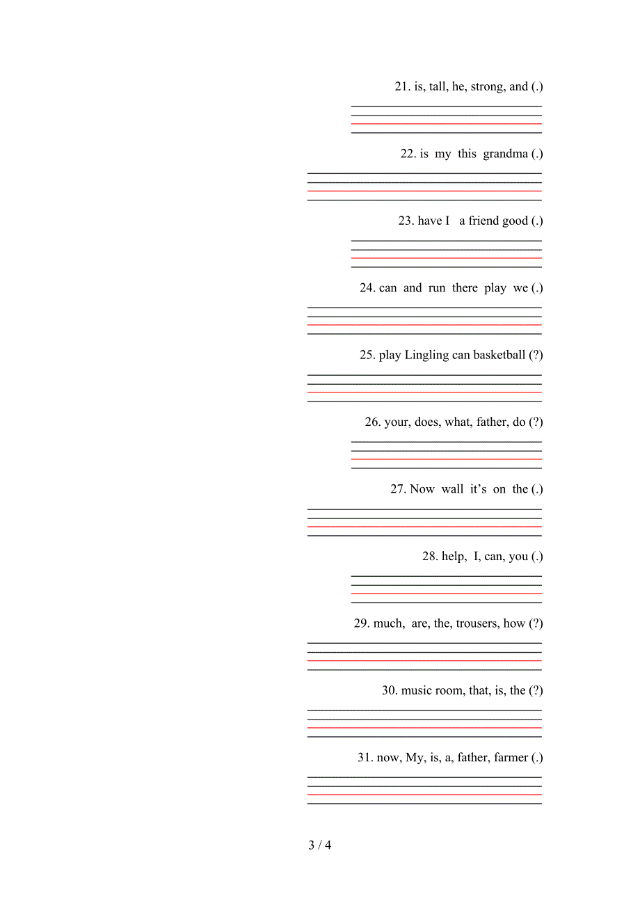 北师大四年级下学期英语连词成句专项积累练习_第3页