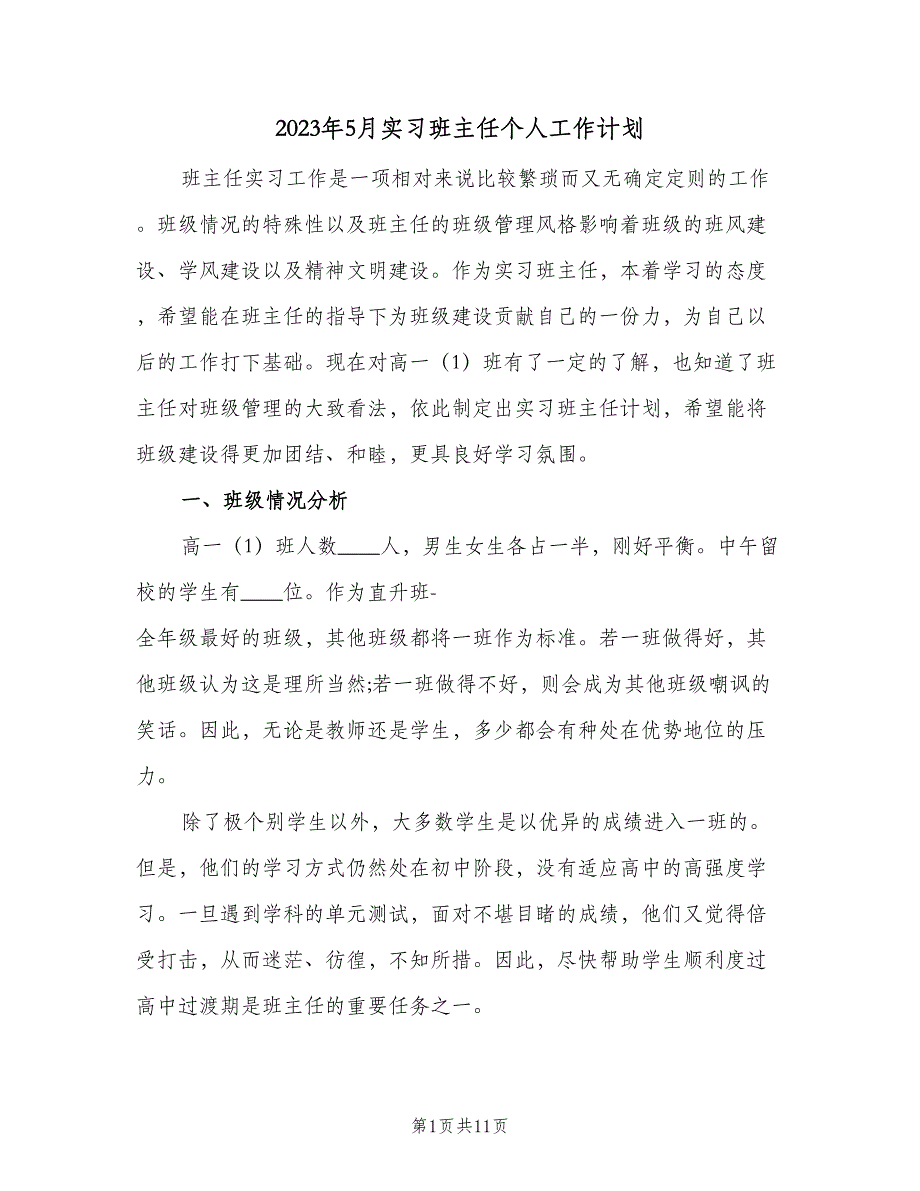 2023年5月实习班主任个人工作计划（2篇）.doc_第1页