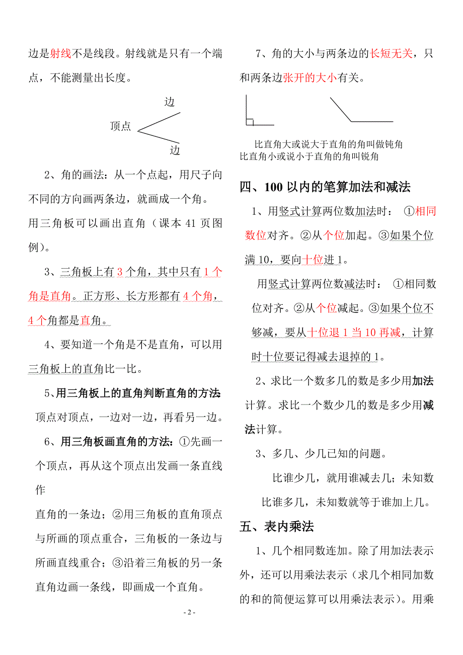 人教版小学二年级数学上册总复习资料打印版_第2页