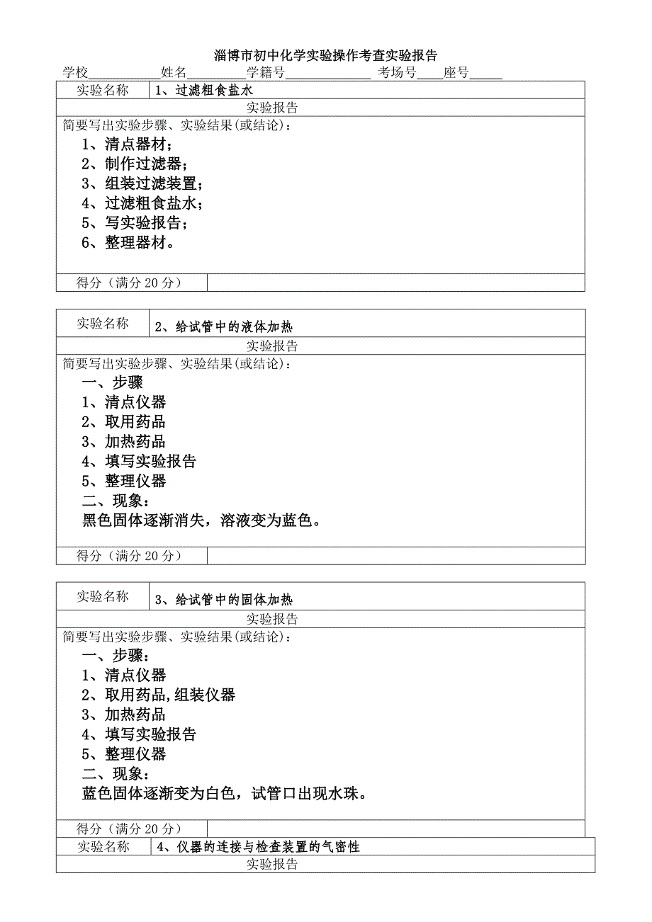 初中毕业化学实验报告_第1页