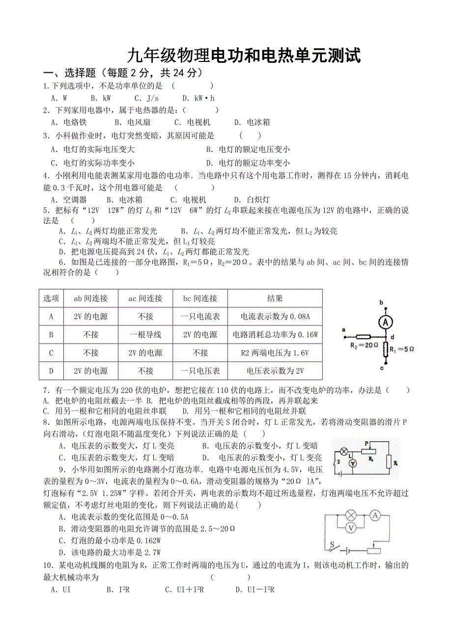 电功和电热综合测试题_第1页