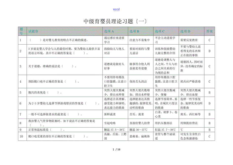 中级育婴员理论习题一含问题详解_第1页