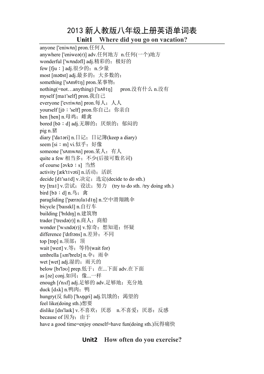 2013新人教版八年级上册英语单词表全(可打印).doc_第1页