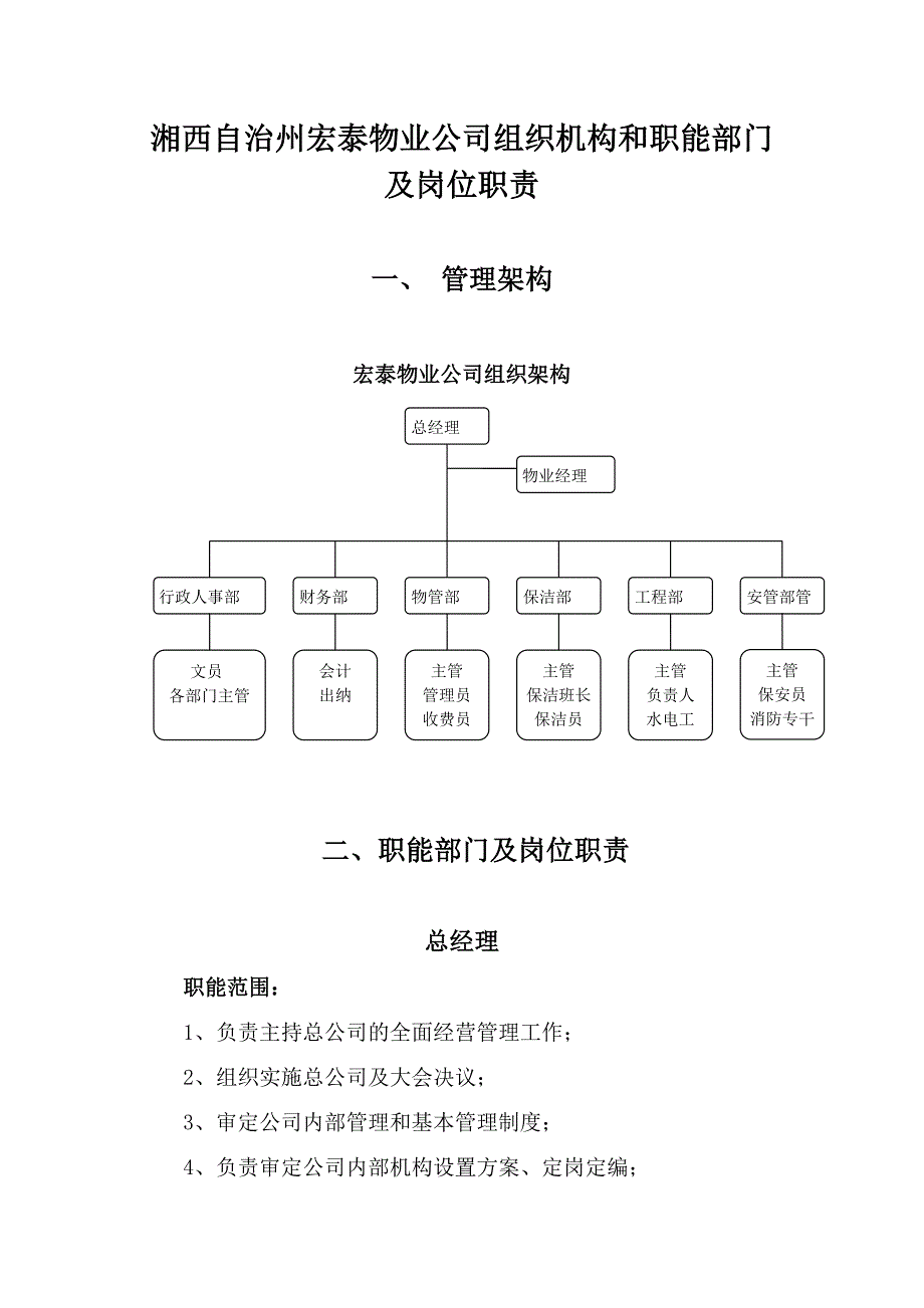 物业公司组织机构和职能部门及岗位职责_第1页