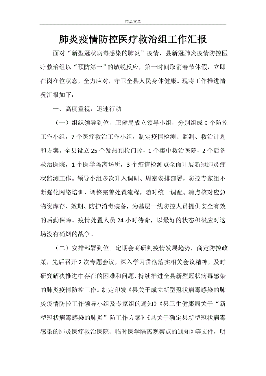 肺炎疫情防控医疗救治组工作汇报.doc_第1页