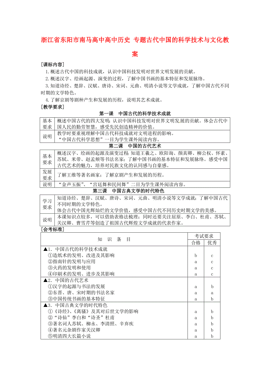 浙江省东阳市南马高中高中历史专题古代中国的科学技术与文化教案人民版必修2_第1页