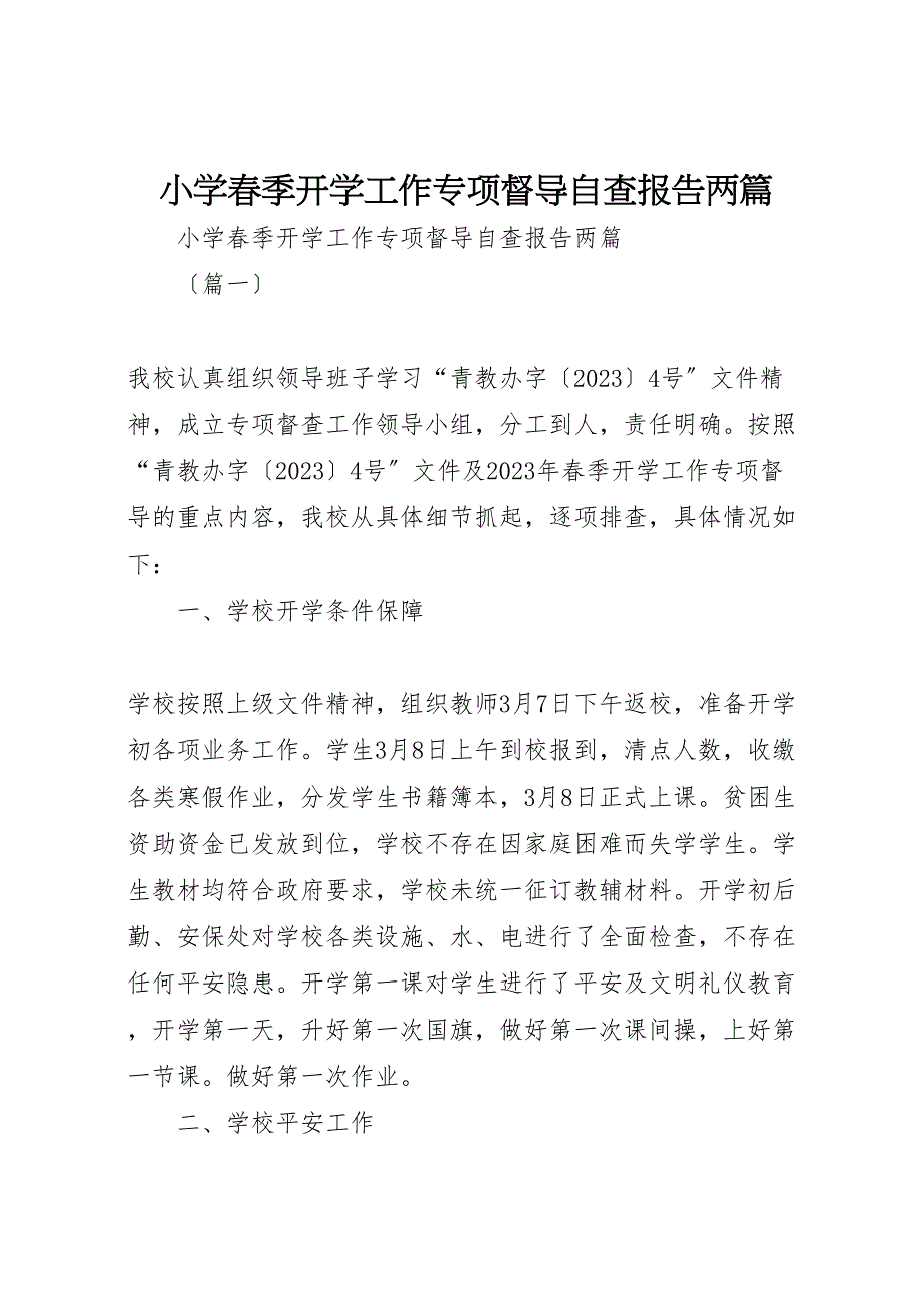 2023年小学春季开学工作专项督导自查报告两篇 .doc_第1页