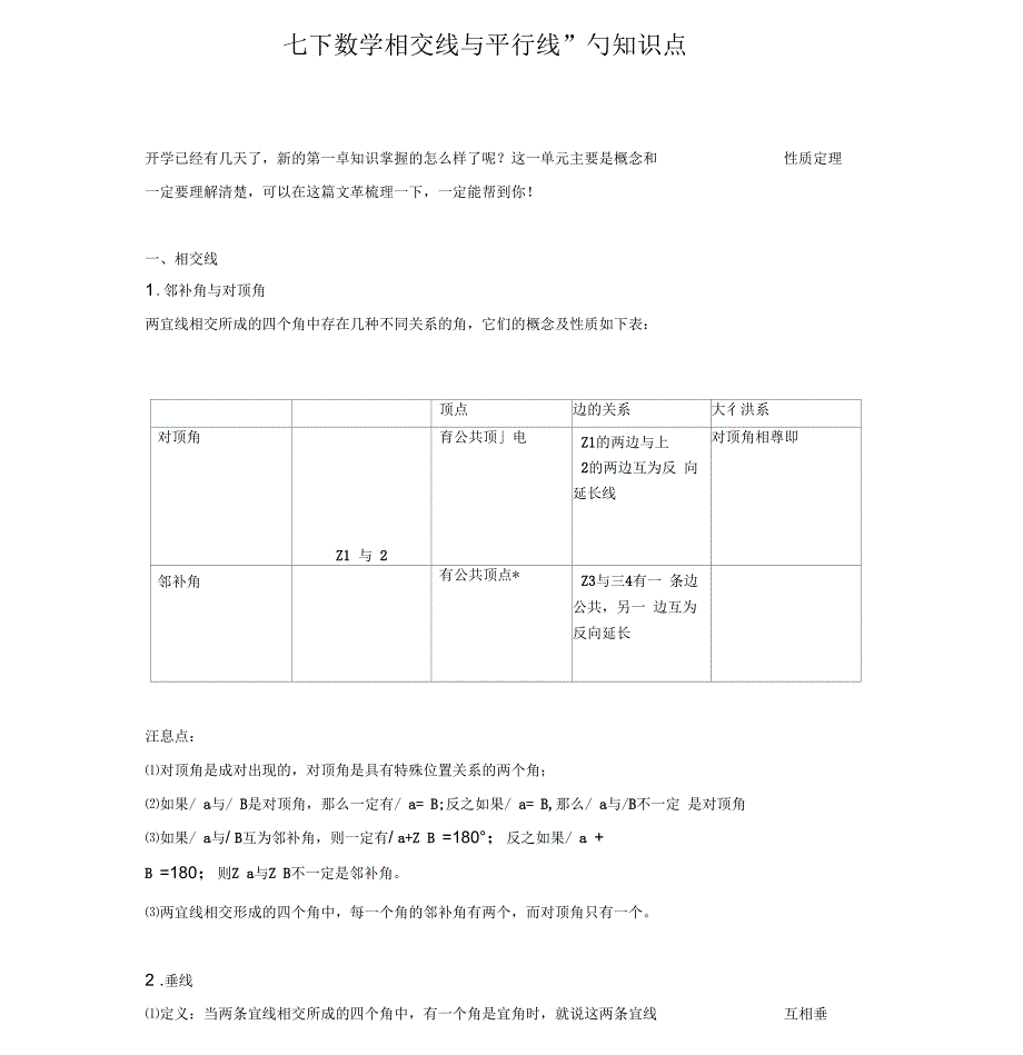 初一(七年级)下册数学相交线与平行线的知识点_第1页