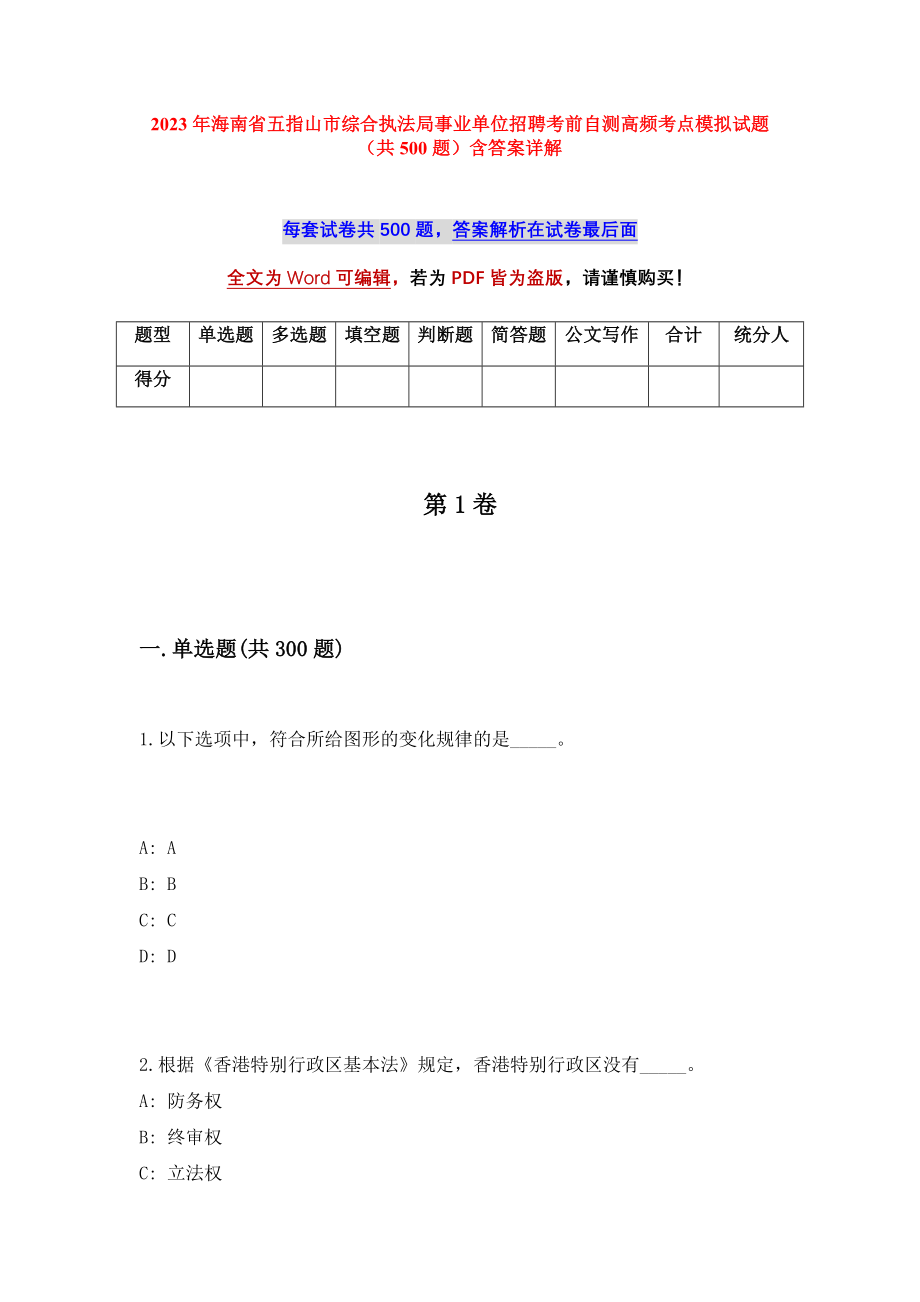 2023年海南省五指山市综合执法局事业单位招聘考前自测高频考点模拟试题（共500题）含答案详解_第1页