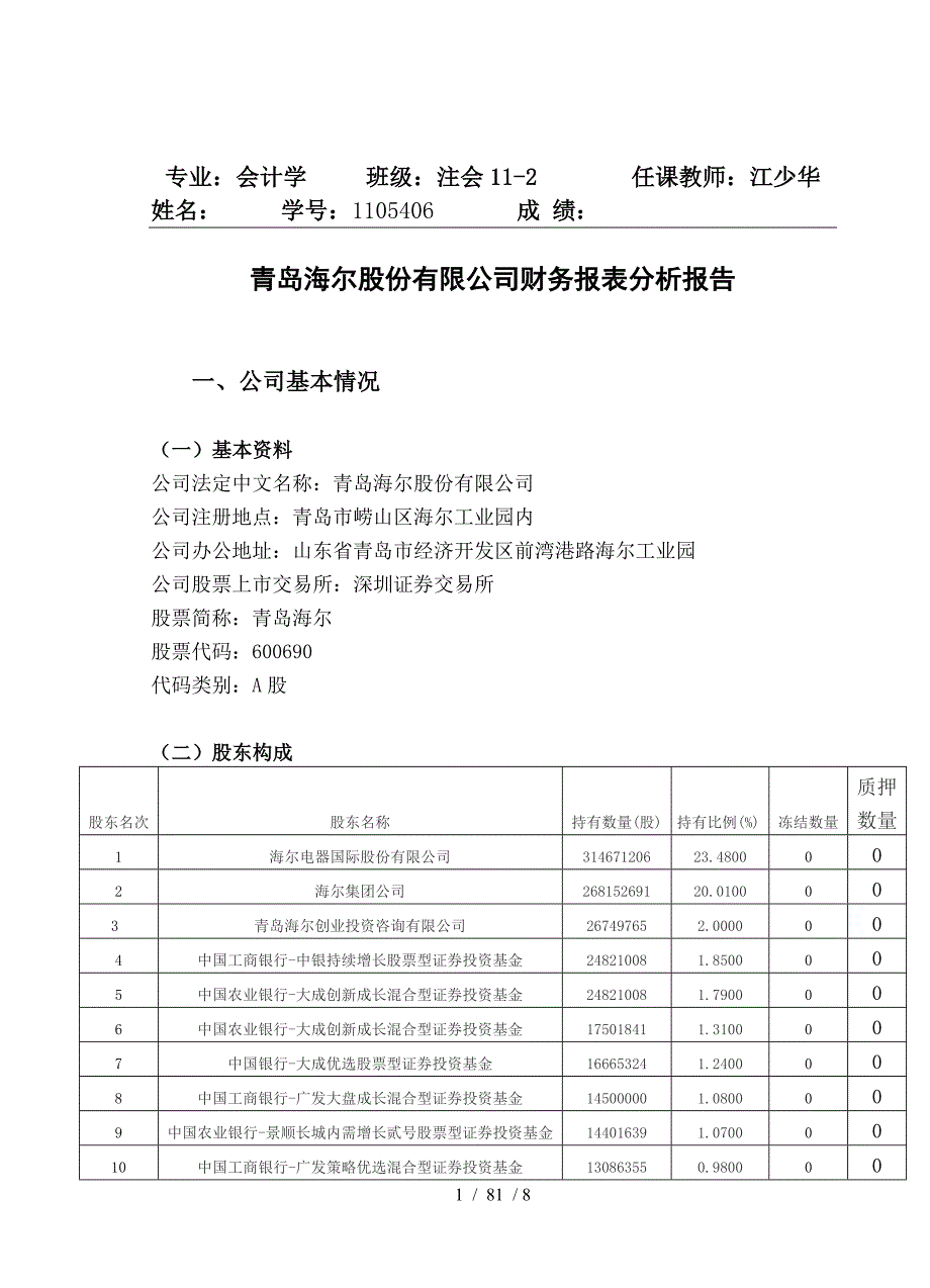 青岛海尔股份有限公司财务报表分析报告_第1页