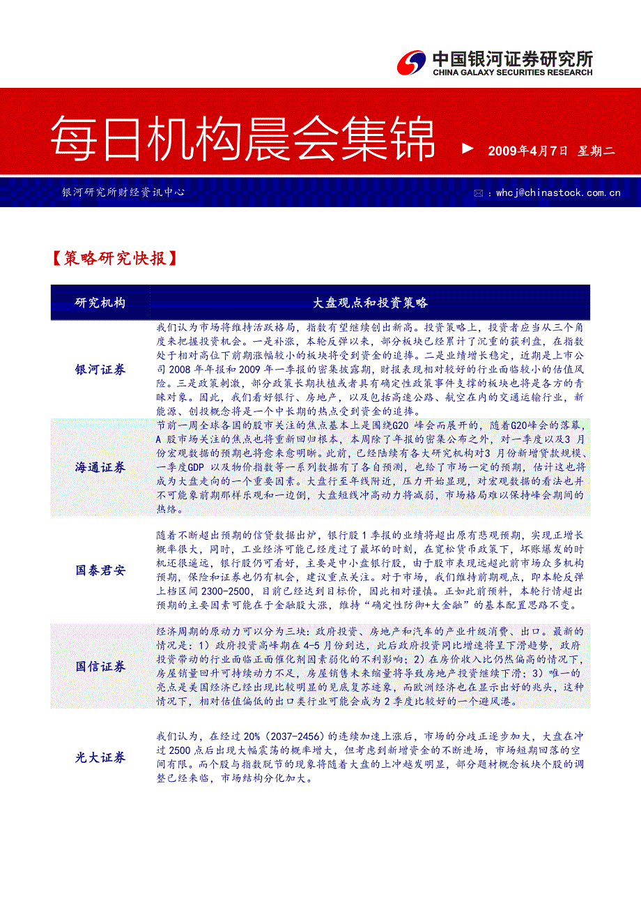 每日机构晨会集锦 2009年4月7日 星期二_第1页