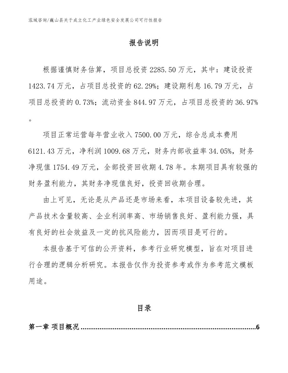 巍山县关于成立化工产业绿色安全发展公司可行性报告（范文参考）_第1页